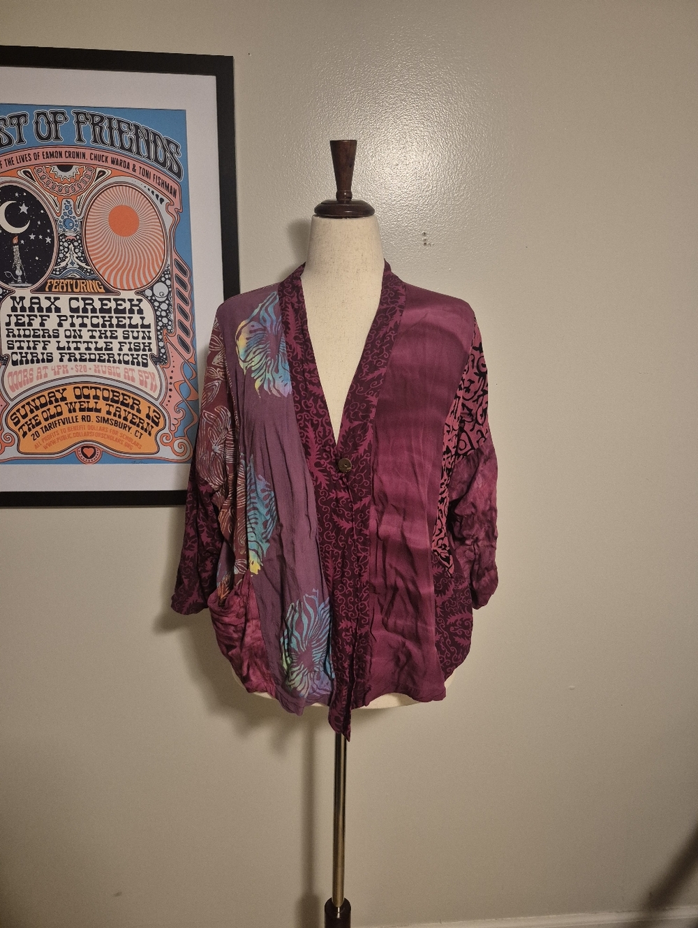 Wild Woman Vintage Purple Batik Patchwork Tie Dye Women's Kimono Jacket L XL